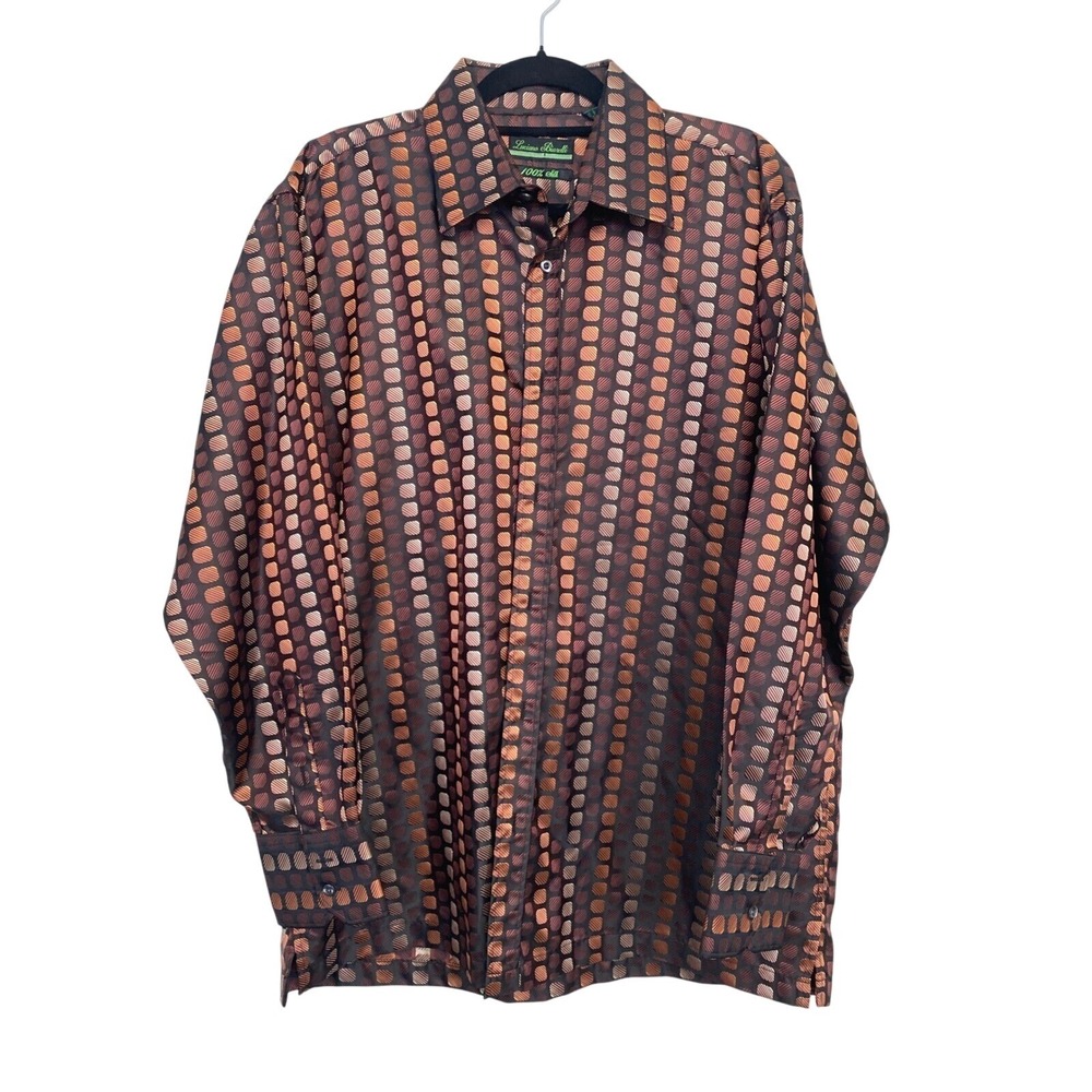 Luciano Biarelli Mens 100% Silk Geometric Button Down Shirt Brown XL Long Sleeve